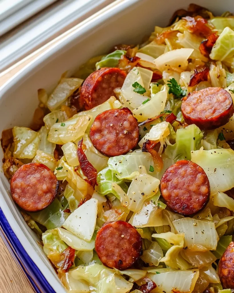 Sliced smoked sausage searing in a skillet