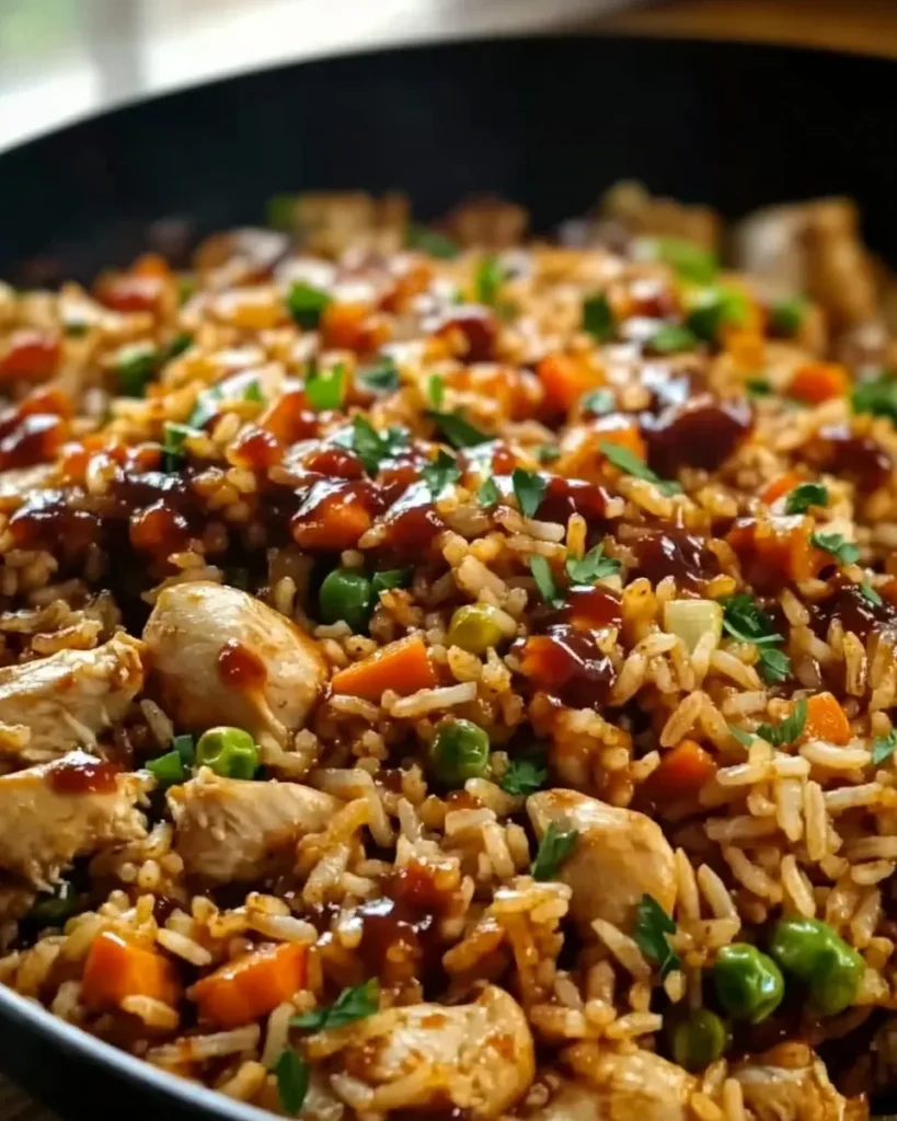 Rice simmering in BBQ sauce and broth with chicken on top