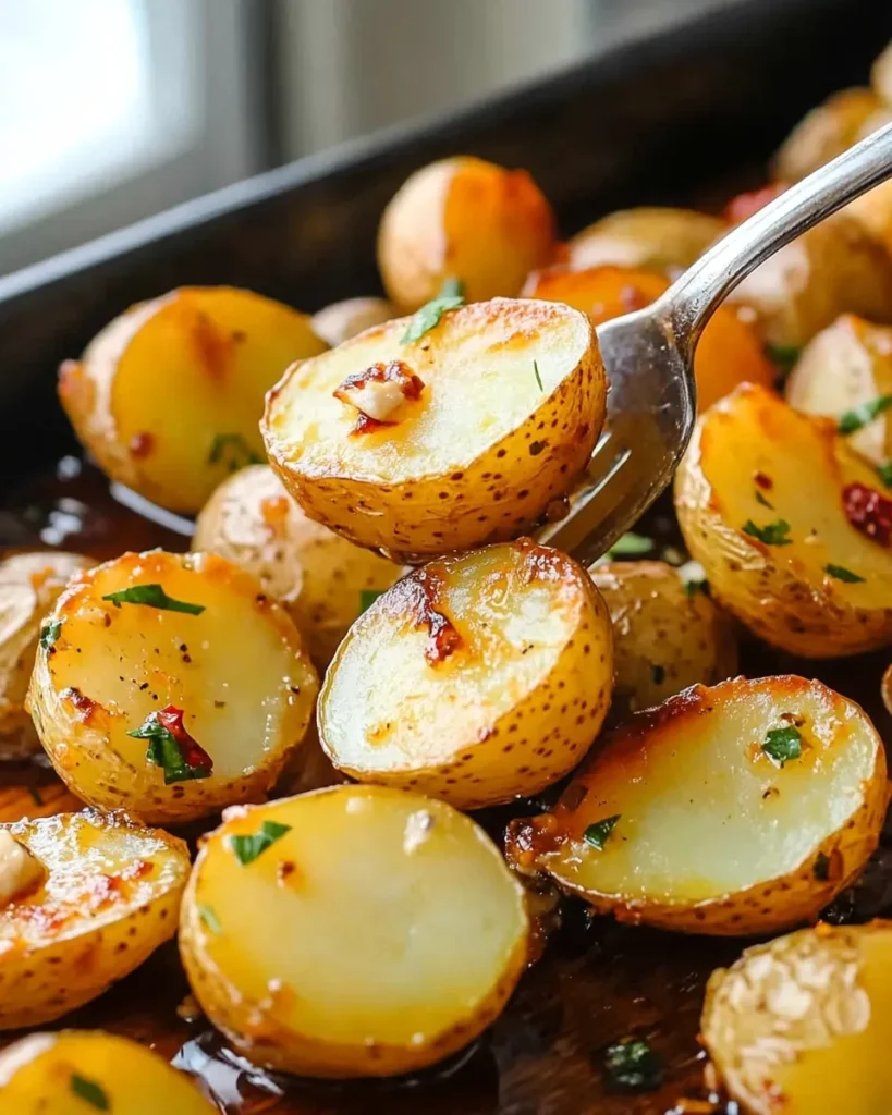 Cubed potatoes roasting crispy on a sheet pan