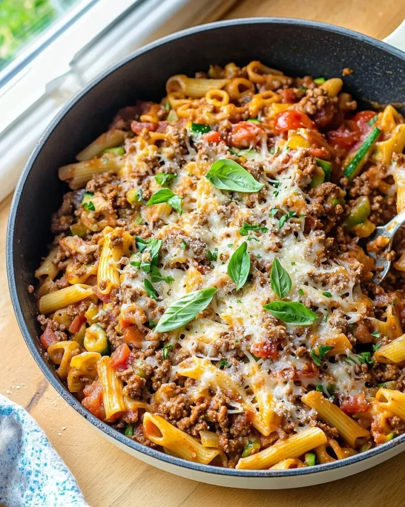 Ground beef and onion browning in a deep skillet