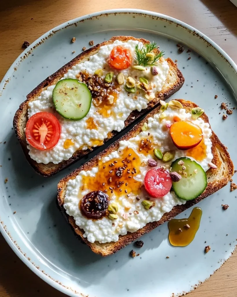 Cottage cheese spread over a warm slice of toast