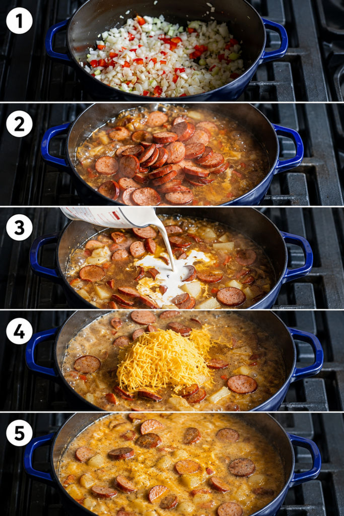 Sausage browning with Cajun seasoning in a large pot