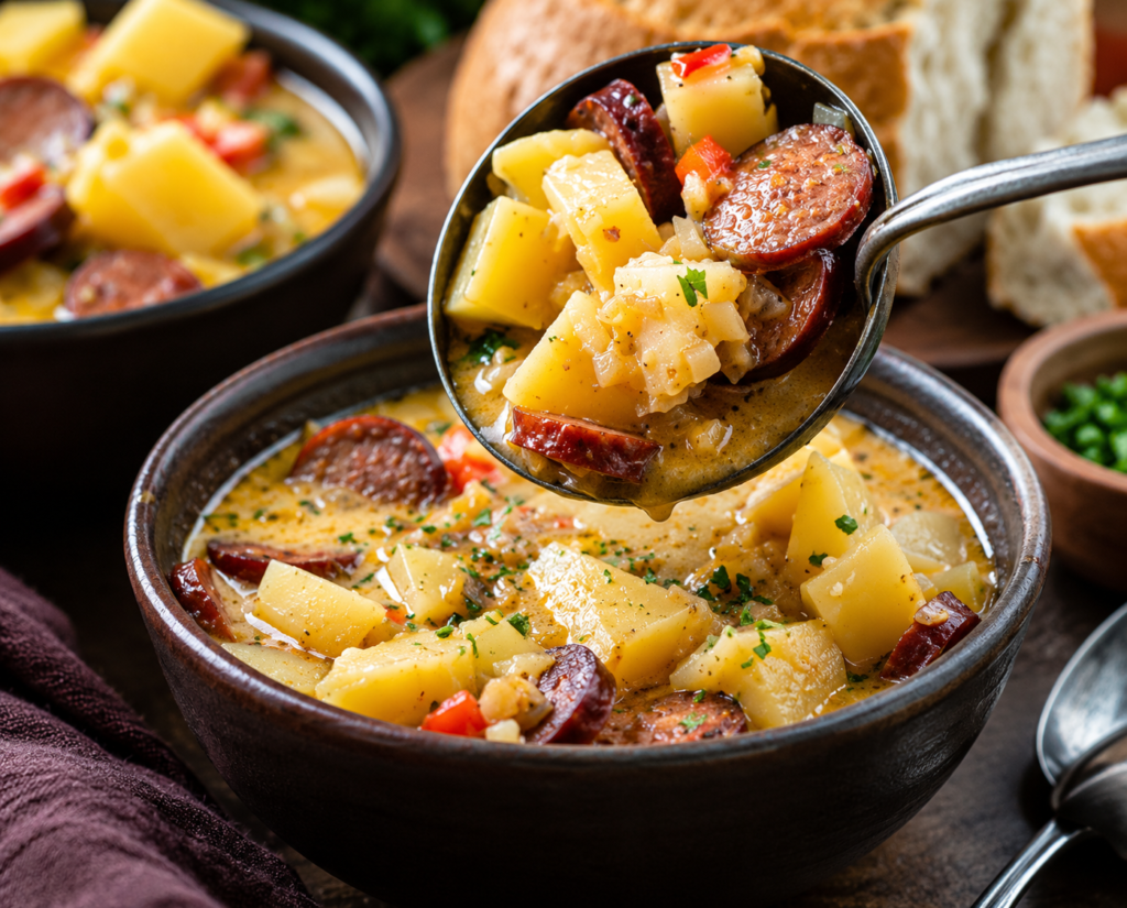 Bowl of Cajun potato soup topped with cheddar and bacon