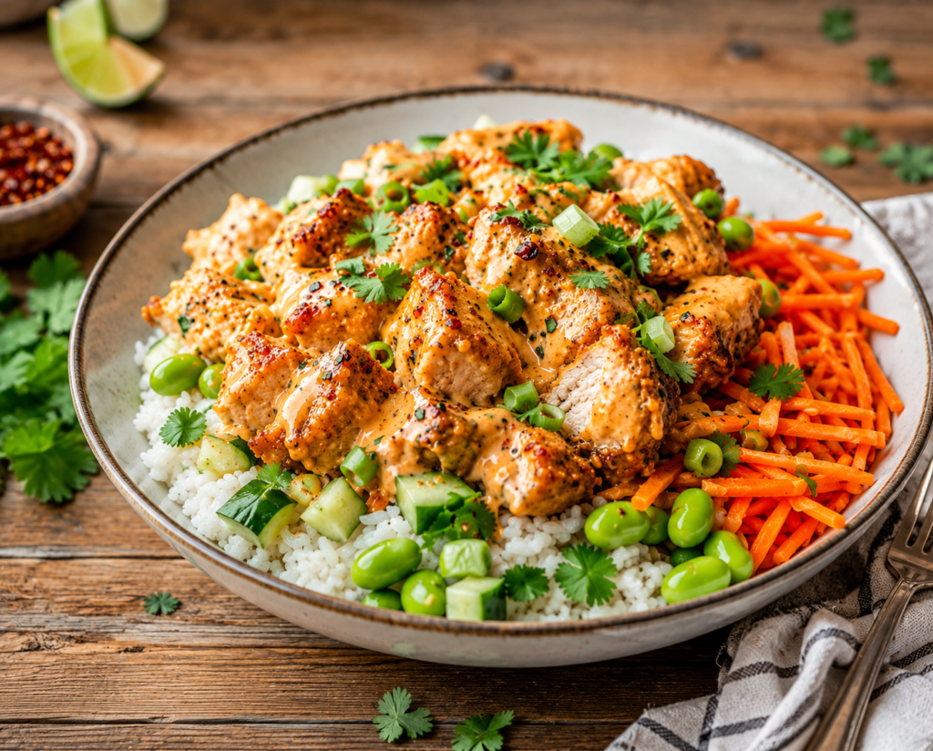 Finished bang bang chicken bowl garnished with sesame seeds