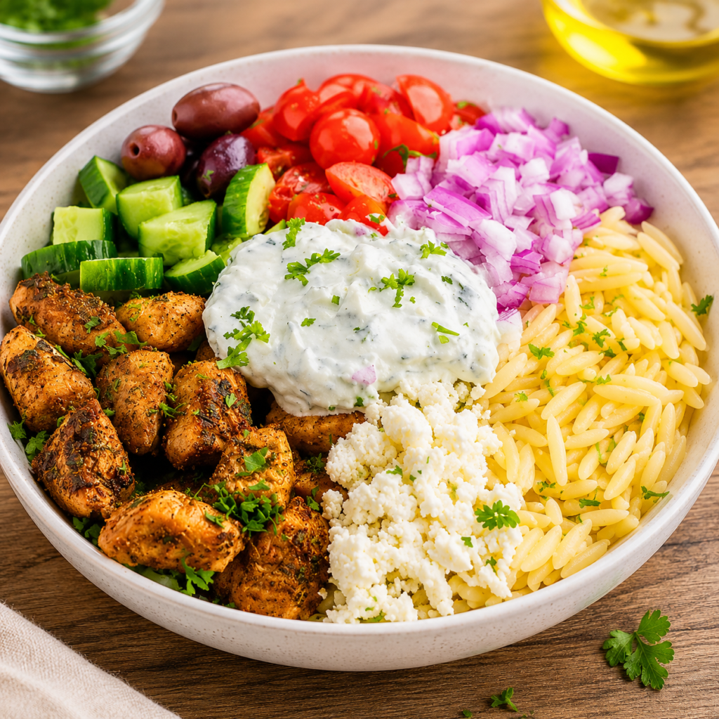 Finished chicken gyro bowl drizzled with yogurt sauce