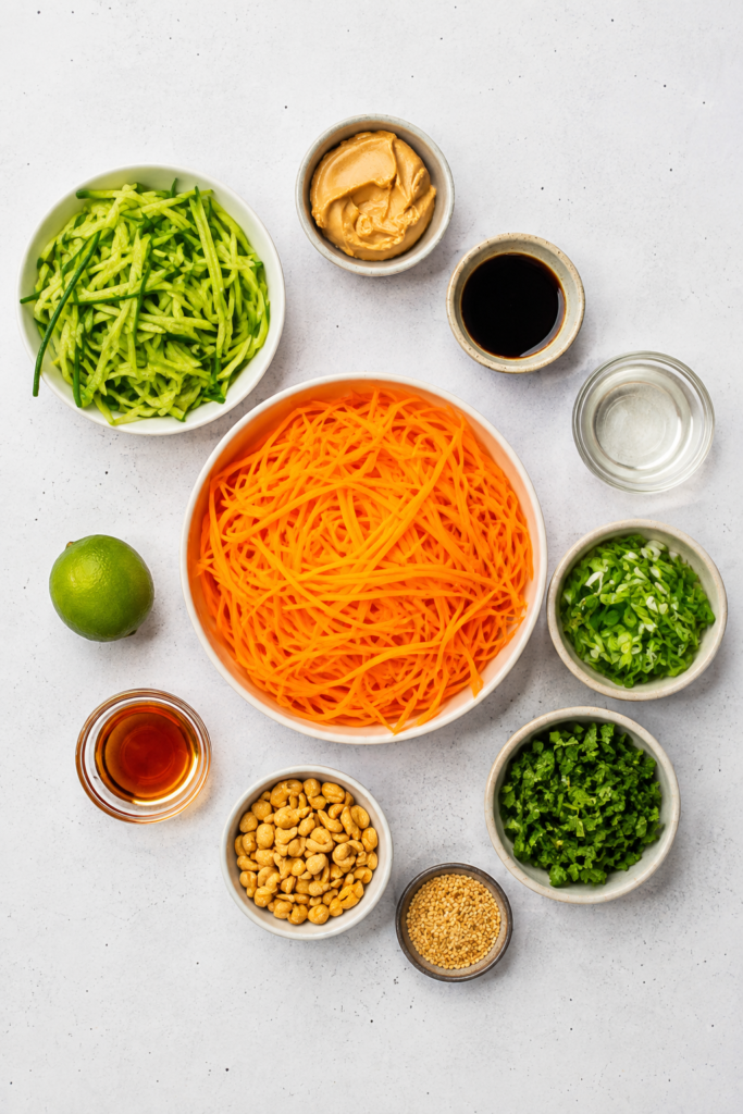 Spiralized carrots and cucumber in a bowl