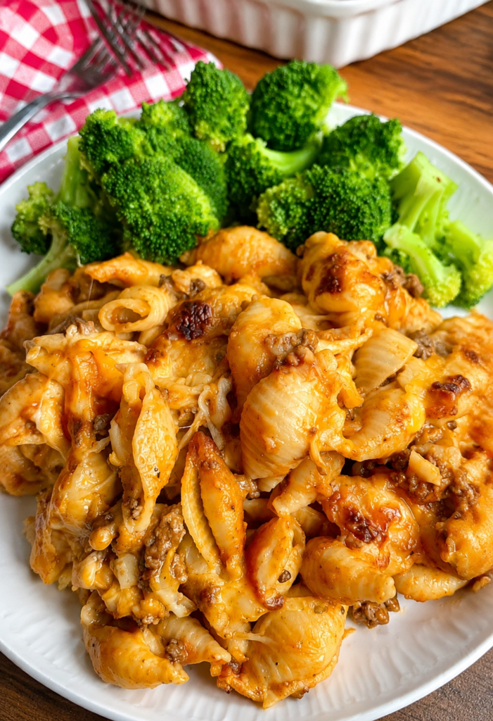 Serving of cheesy hamburger casserole on a plate
