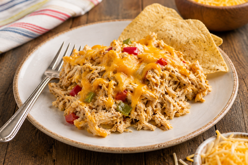 Serving of chicken fajita casserole on a plate