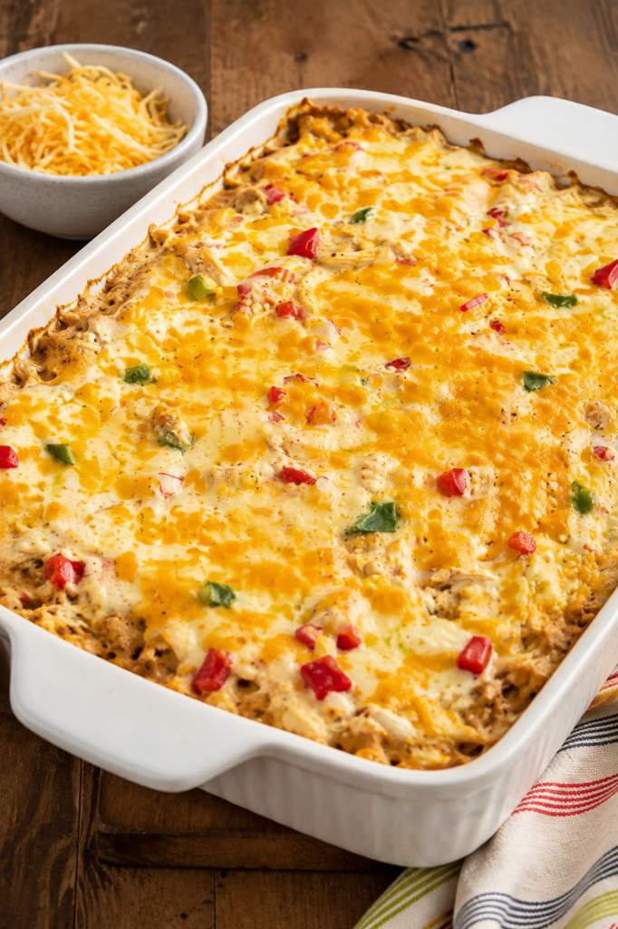 Golden bubbly baked chicken fajita casserole