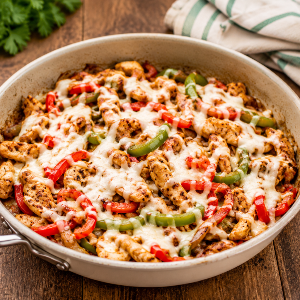 Chicken cheesesteak skillet topped with melted provolone