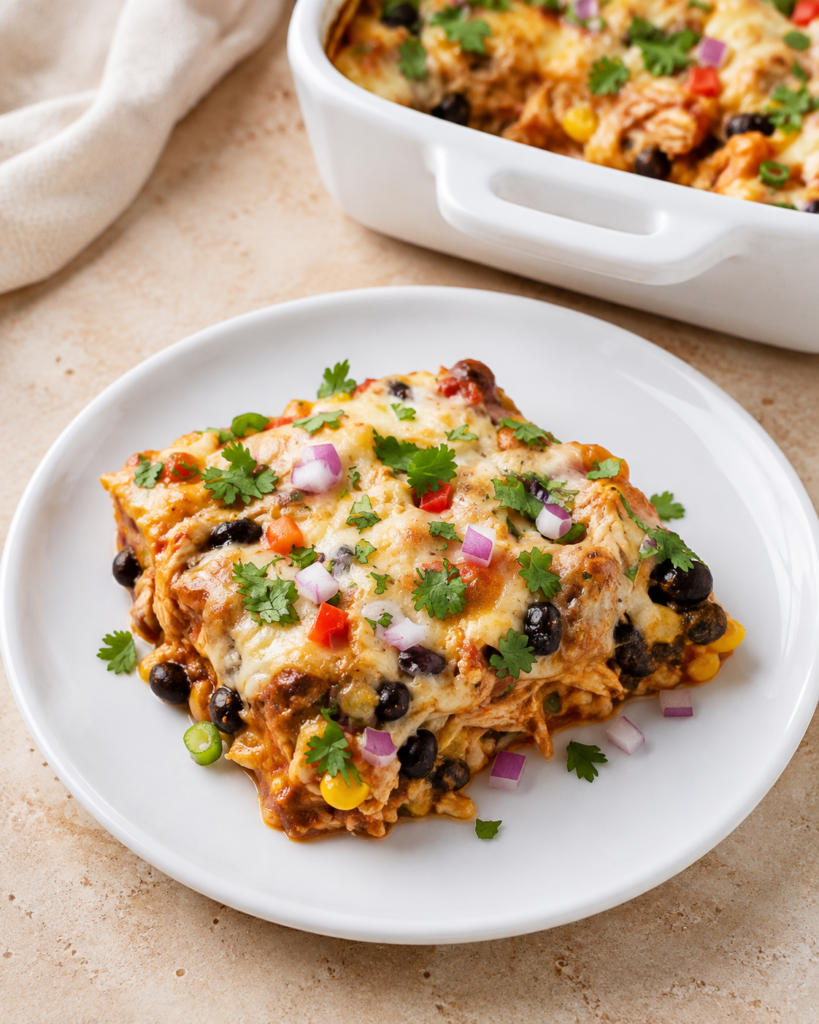 Finished chicken burrito casserole garnished with avocado