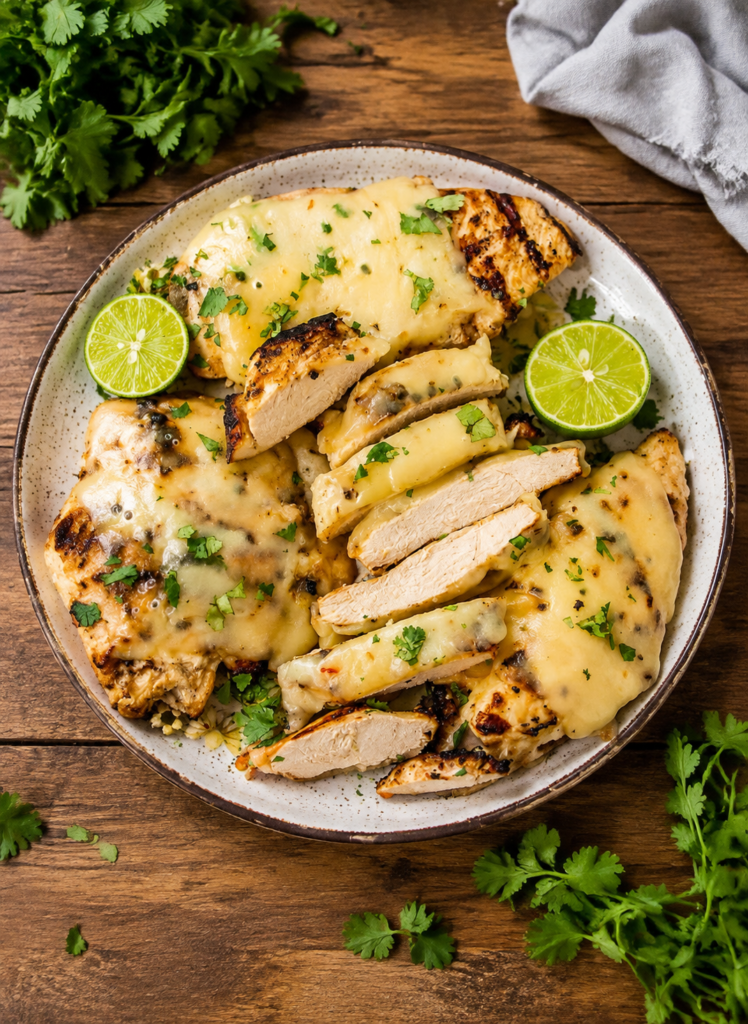 Grilled salsa verde pepper jack chicken topped with fresh salsa
