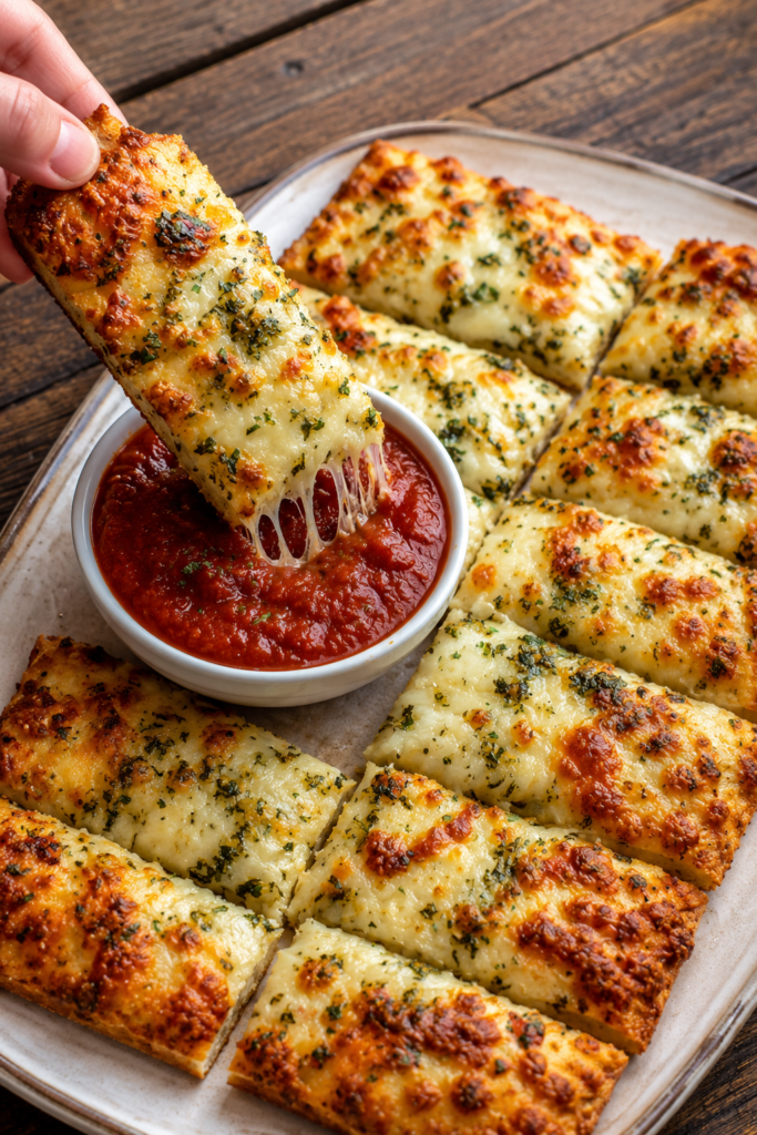 Sliced cheesy zucchini breadsticks with melted cheese