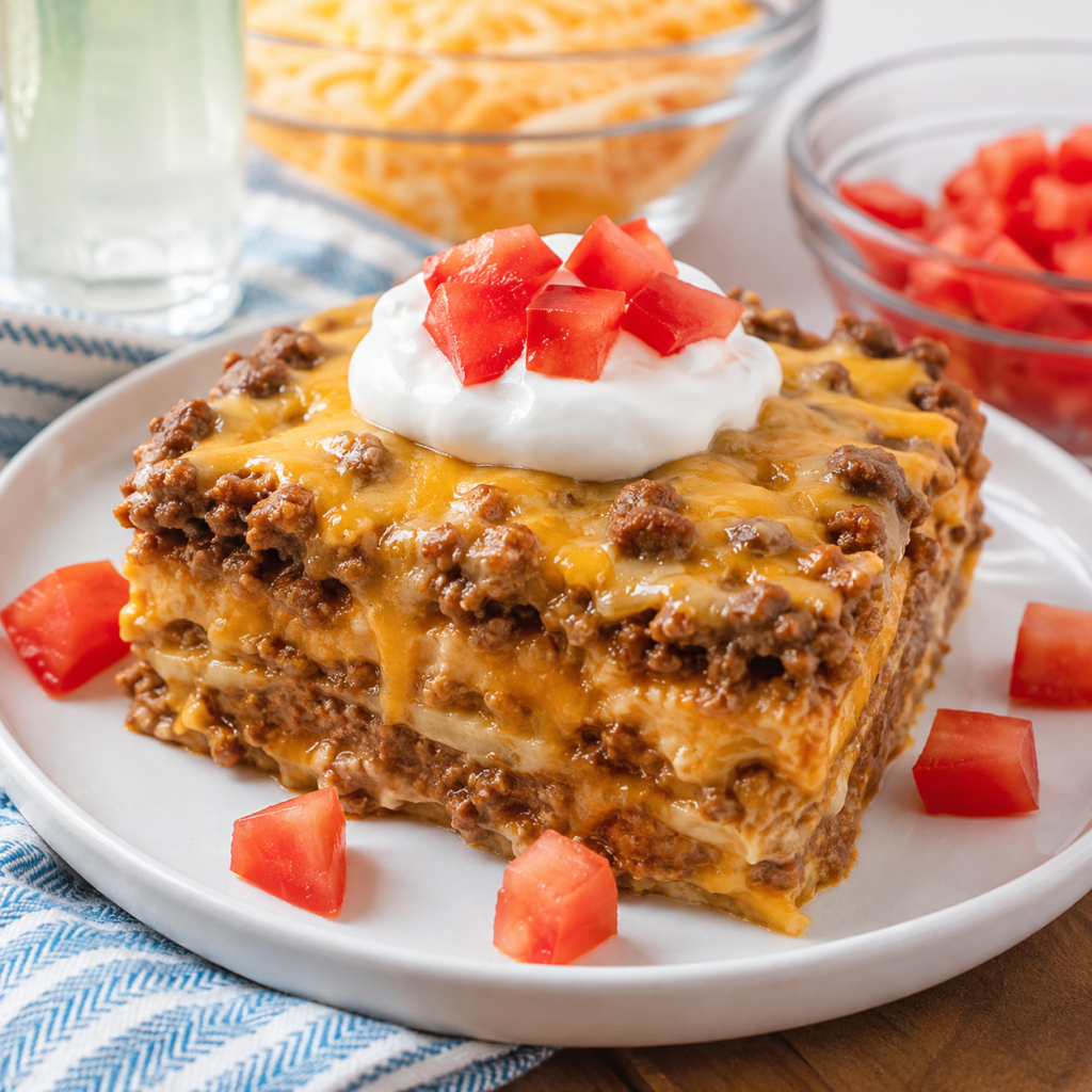 Baked taco bake topped with lettuce, tomato, and sour cream