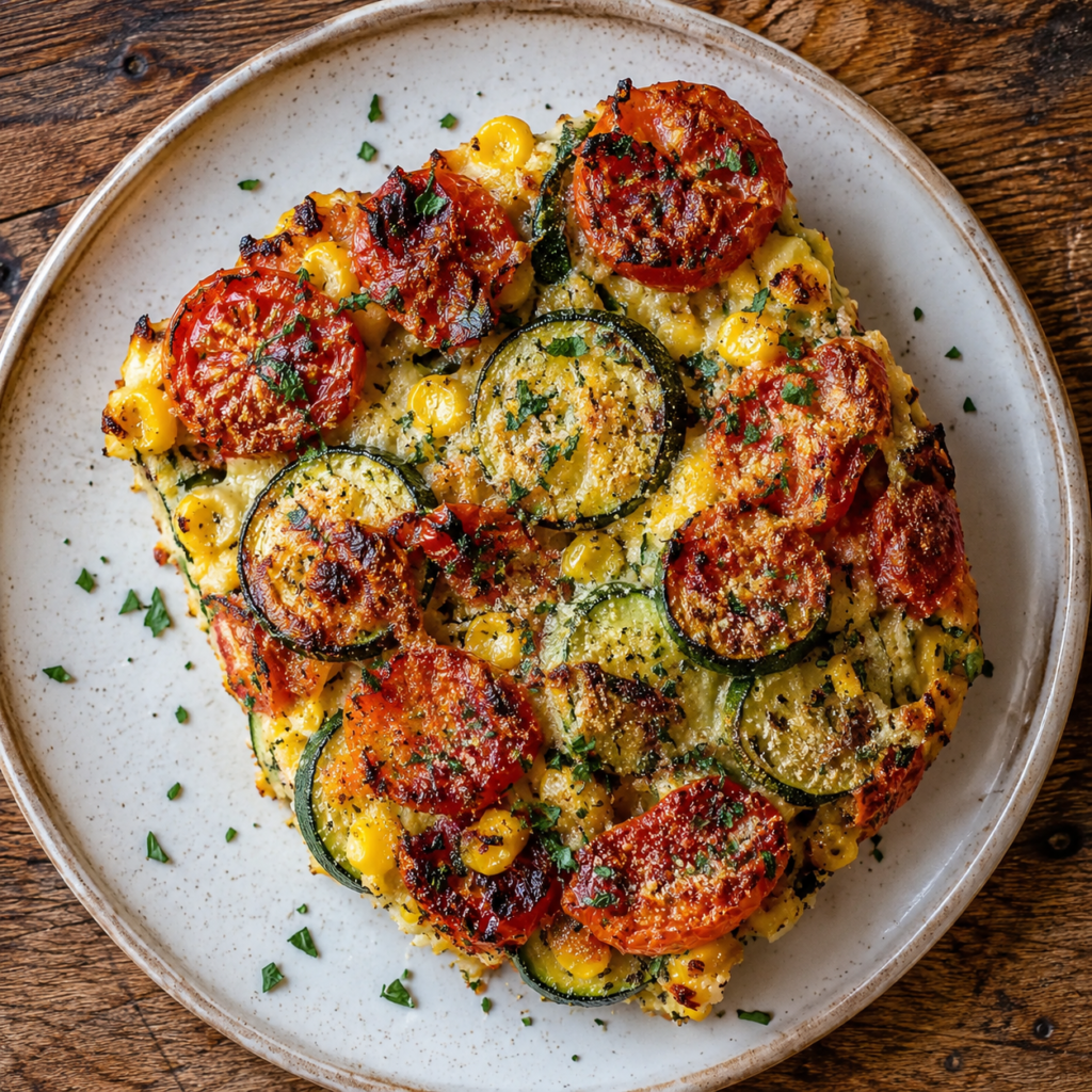 Baked zucchini corn tomato bake with golden parmesan crust