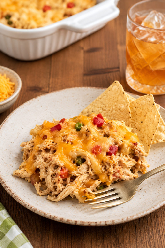 Fajita casserole mixture spread in a baking dish