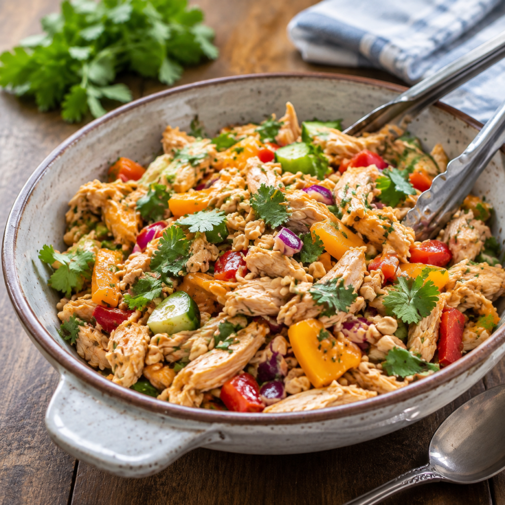 Thai chicken salad topped with peanuts and cilantro