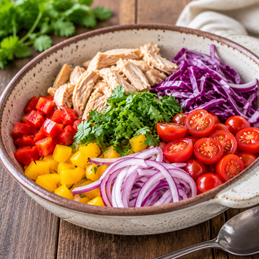 Salad tossed with peanut dressing in a large bowl