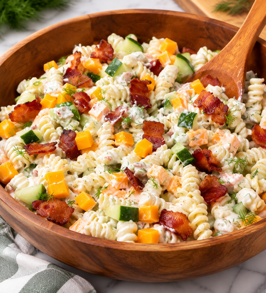 Finished dill pickle bacon ranch pasta salad garnished with dill
