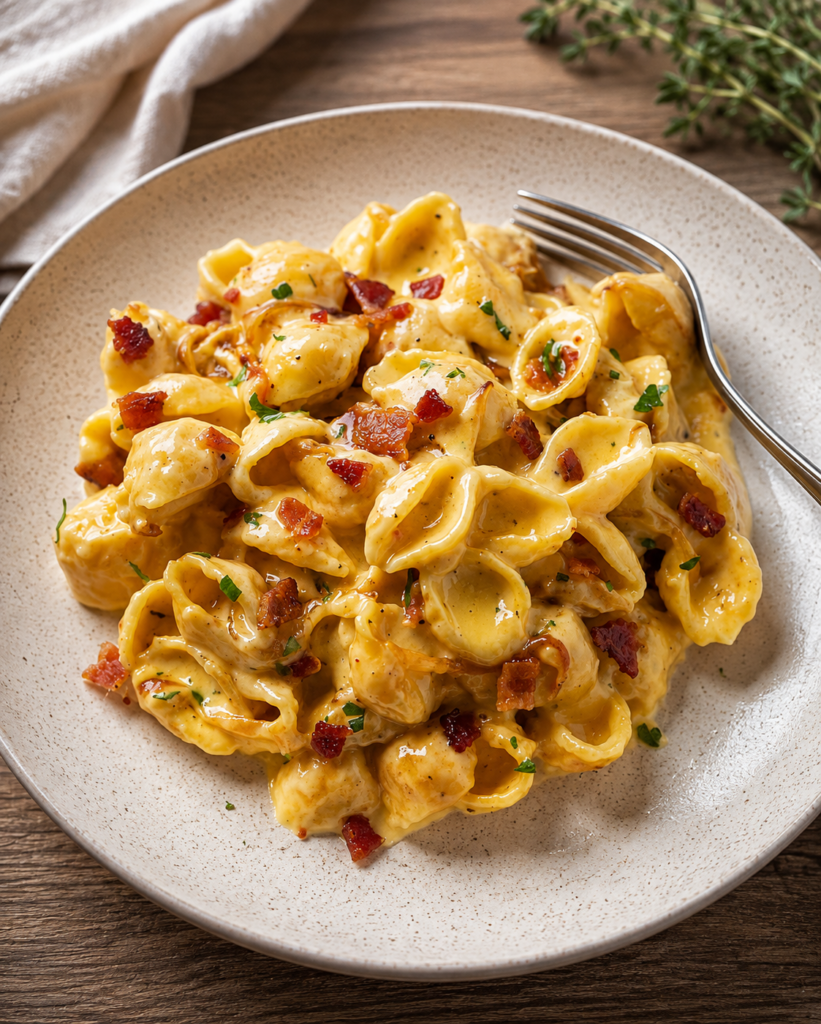 Finished bacon mac and cheese topped with chopped bacon