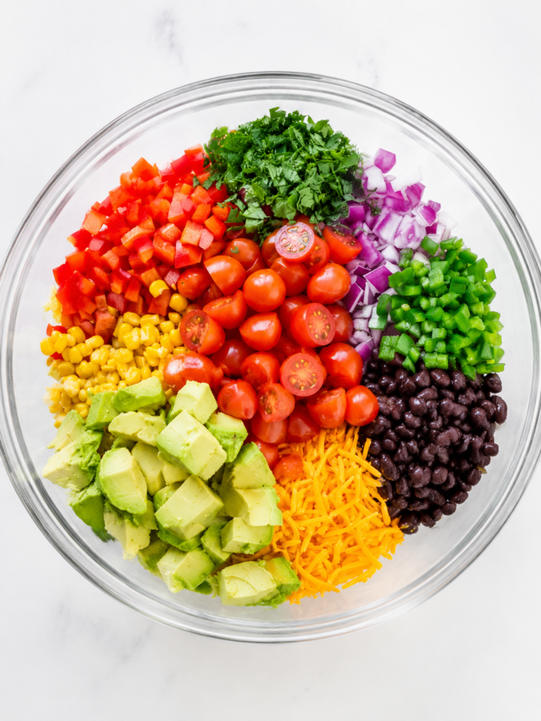 Romaine topped with corn, beans, tomatoes, and avocado