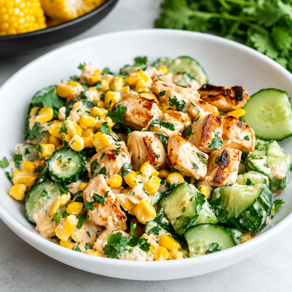 Street corn chicken salad garnished with feta and cilantro