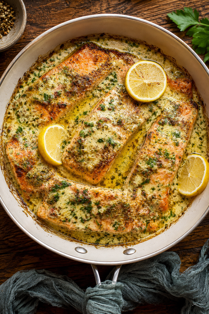 Baked salmon topped with lemon butter cream sauce