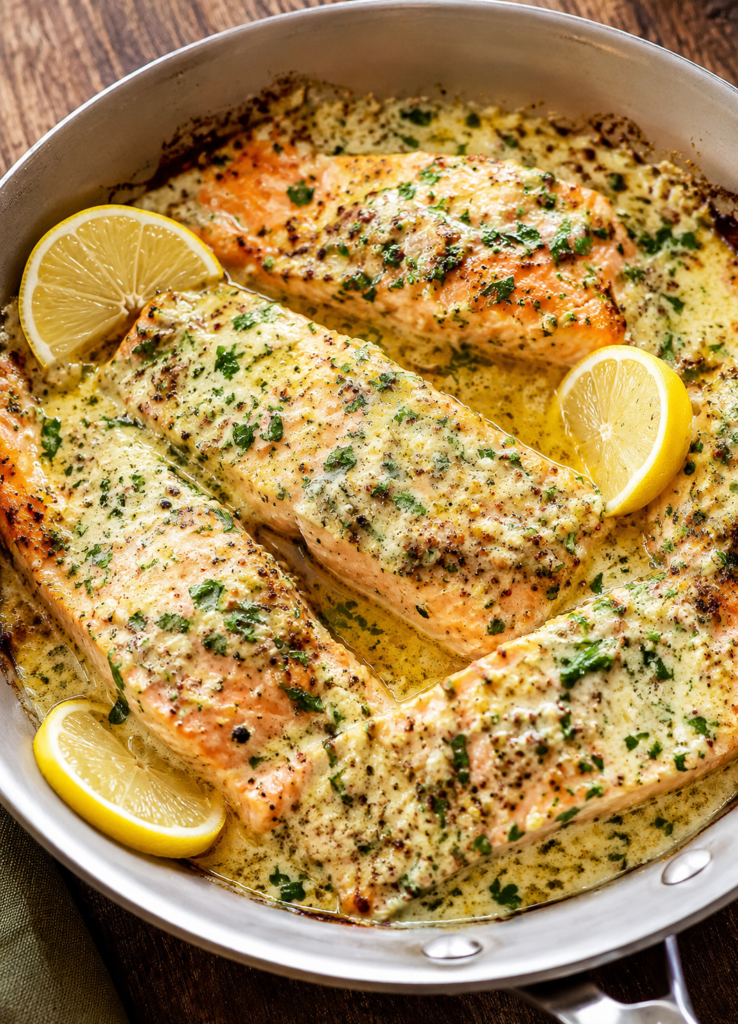 Salmon fillets baking in a dish with marinade
