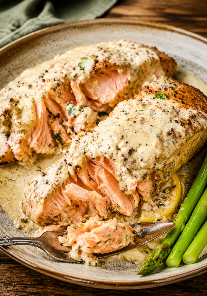 Salmon fillets topped with Boursin cheese before baking