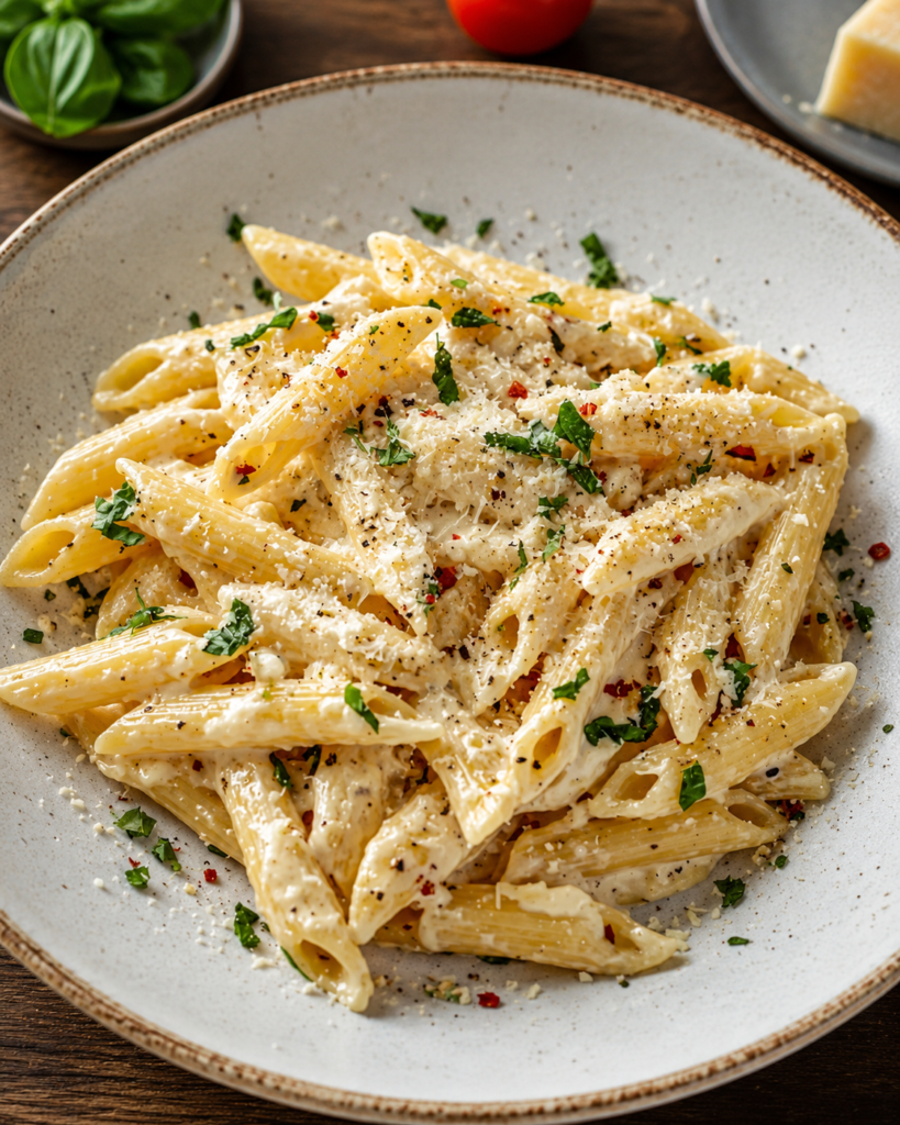 Finished creamy garlic pasta garnished with parsley