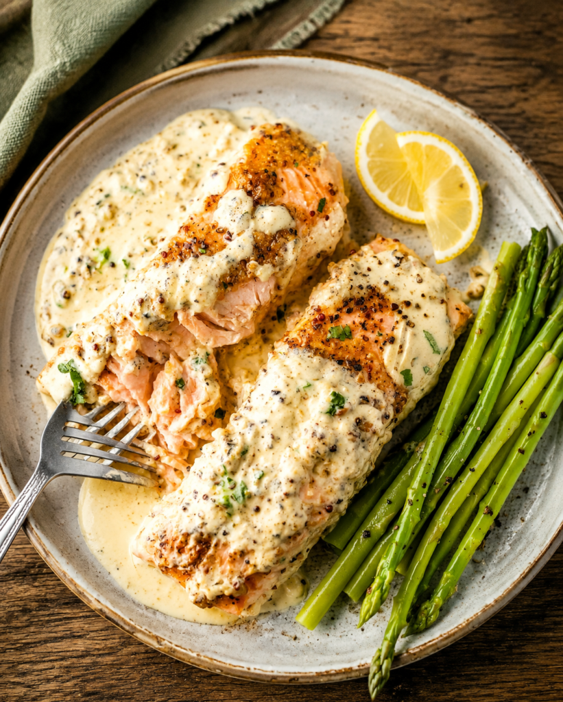 Baked Boursin salmon garnished with chives