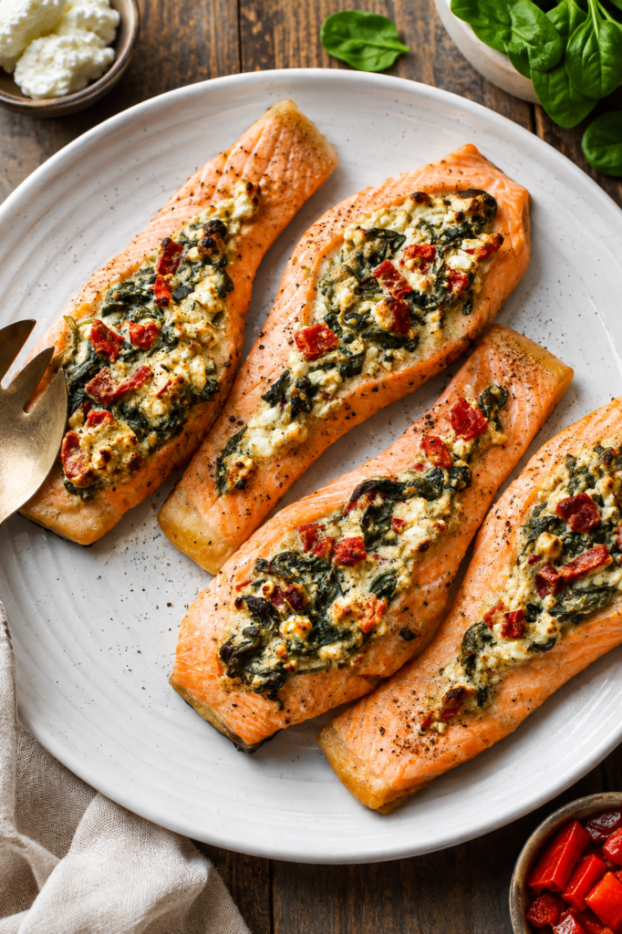 Stuffed salmon baking on a sheet pan