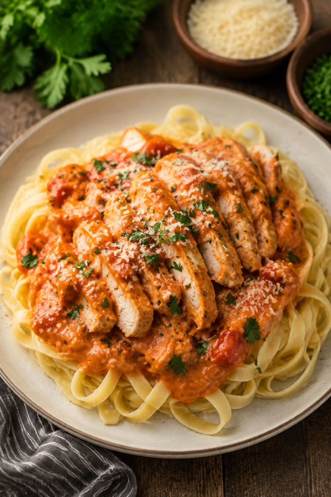 Creamy tomato basil chicken served over pasta with fresh basil