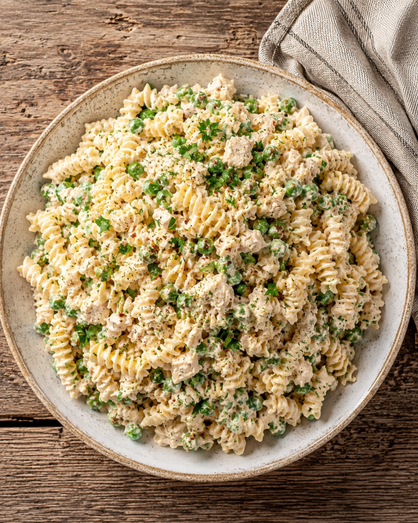 Finished tuna pasta salad in a large bowl