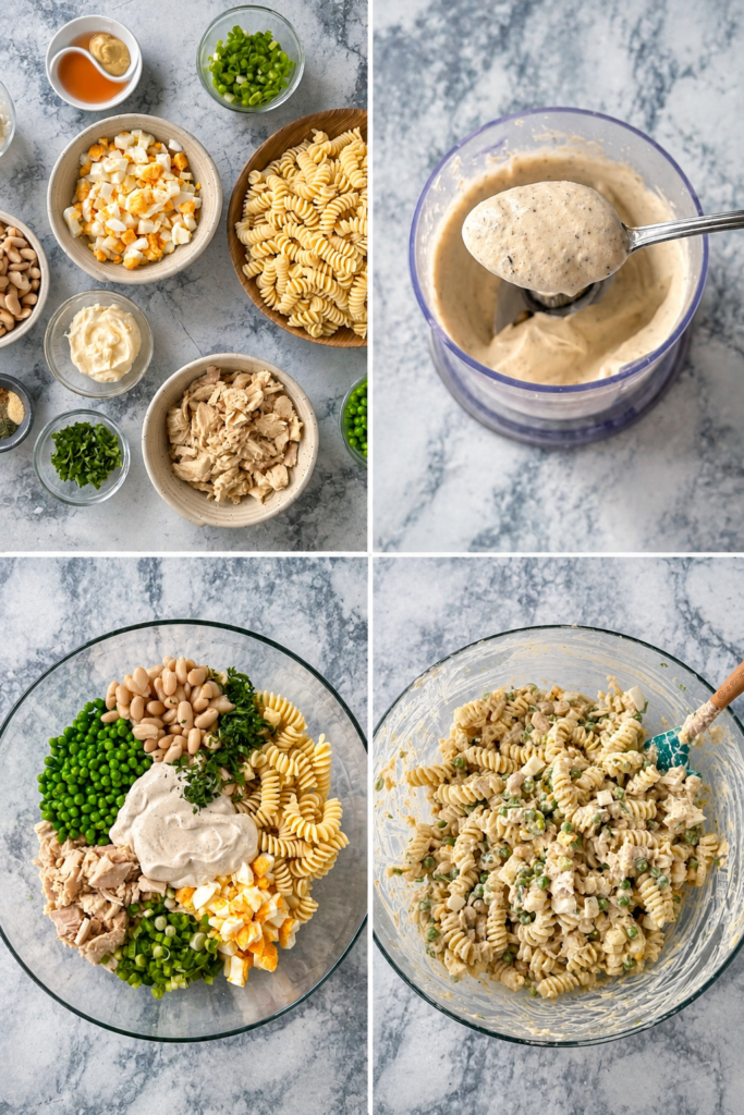 Tuna, beans, peas, and eggs added to a bowl with sauce