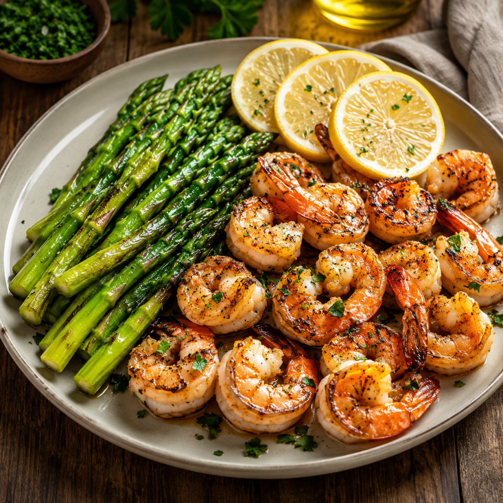 Lemon garlic shrimp and asparagus garnished with lemon zest