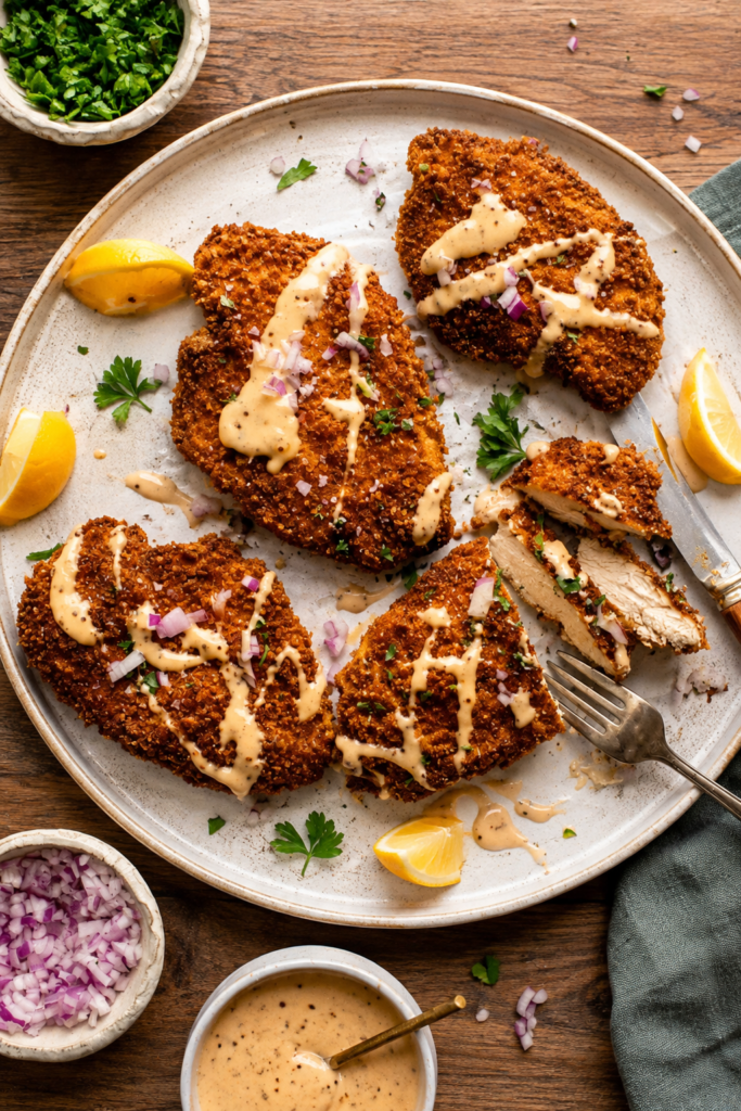 Pretzel crusted chicken served with cheddar mustard sauce