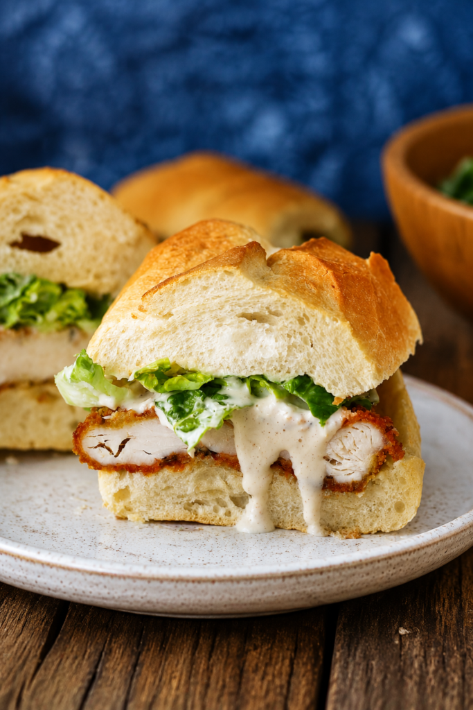 Assembled crispy chicken caesar sandwich on a baguette