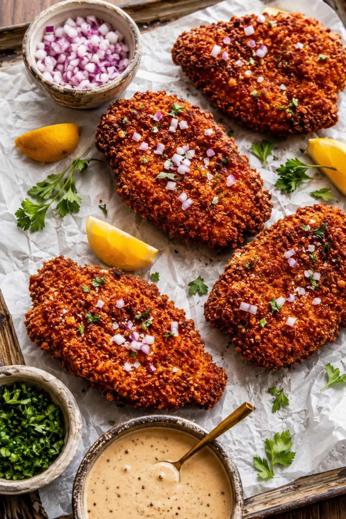 Pretzel crusted chicken baking golden on a sheet pan