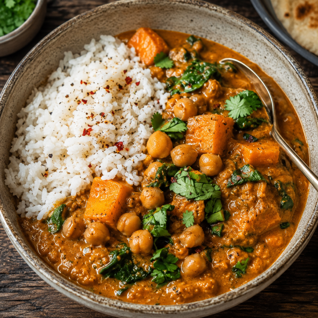 Sweet potato and chickpea curry served over rice with cilantro