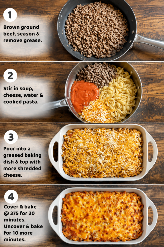 Beef and pasta mixture topped with shredded cheese in a baking dish