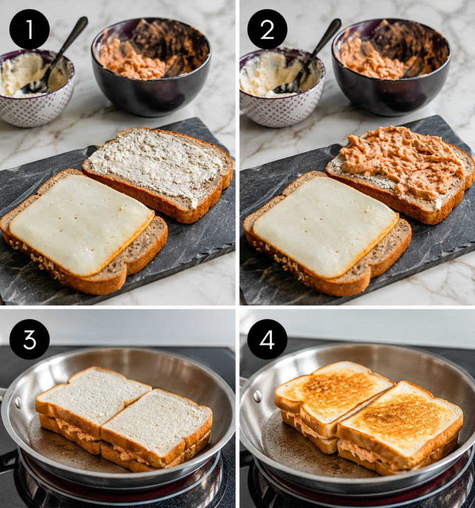 Bread being layered with cheese spread, chicken, and muenster