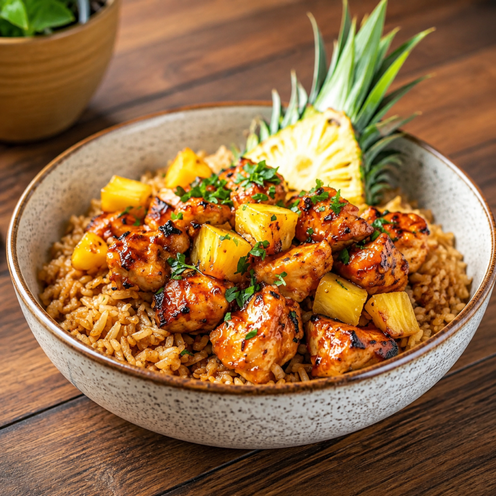 Pineapple chicken and rice bowl garnished with green onions