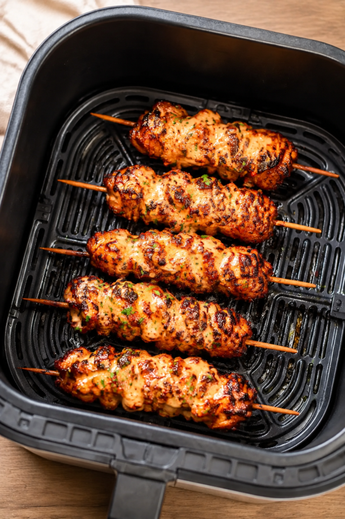 Chicken cubes threaded onto skewers