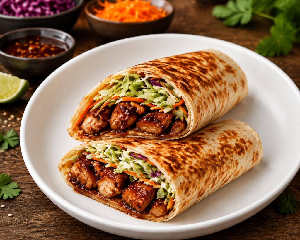 Teriyaki chicken wraps sliced in half