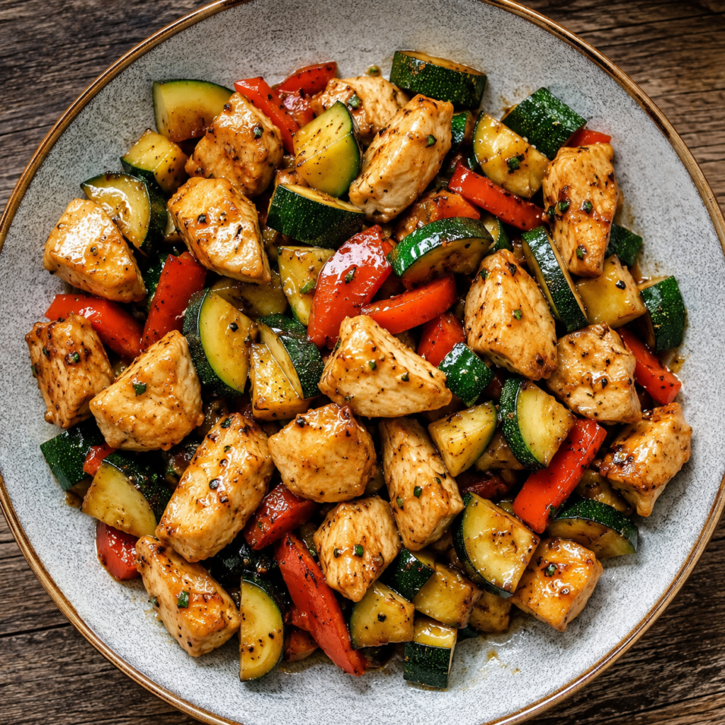 Finished chicken zucchini stir fry garnished with sesame seeds
