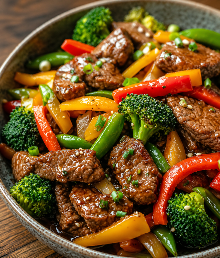 Finished beef stir fry garnished with green onions and sesame seeds