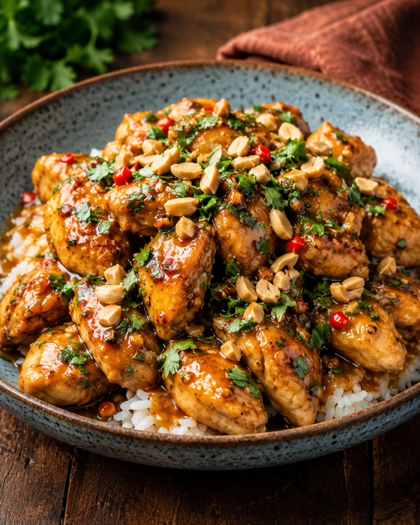 Thai peanut chicken served over rice with peanuts and cilantro