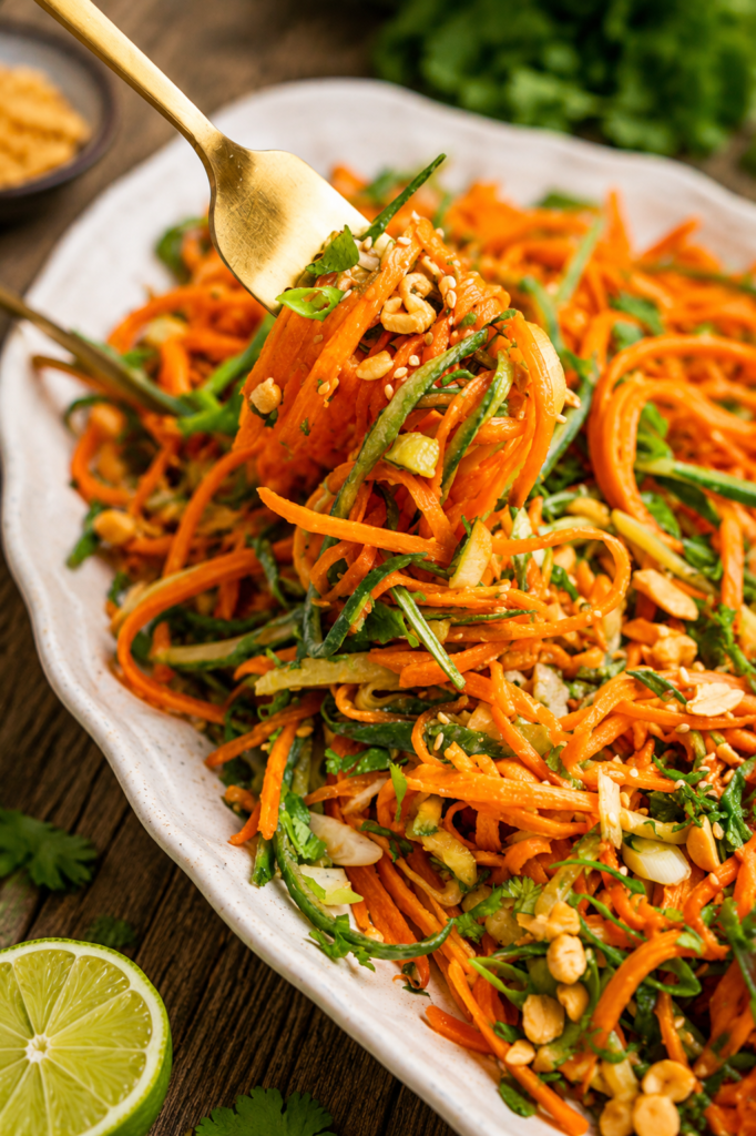 Finished carrot and cucumber salad topped with peanuts and cilantro