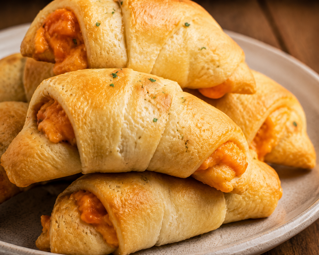 Crescent dough rolled around buffalo chicken filling